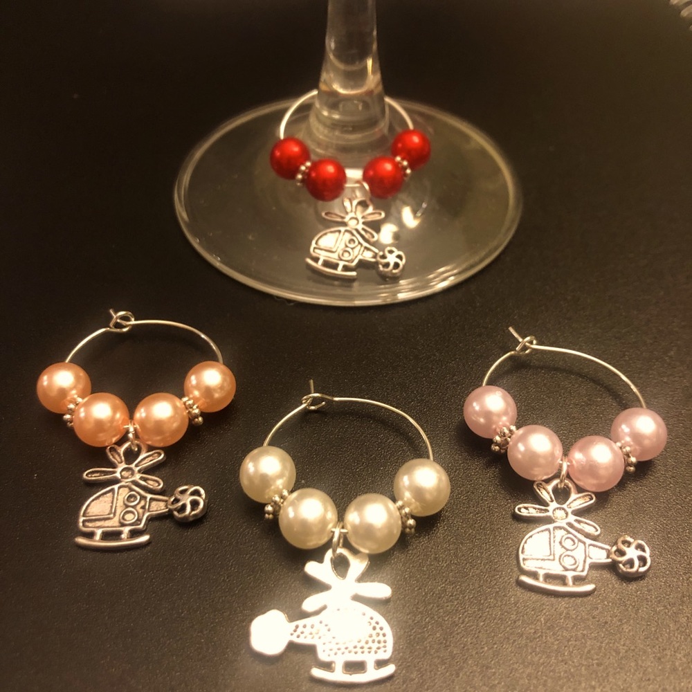 Helicopter Wine charms. 4 charms in a set; Red, peach, pink, and white